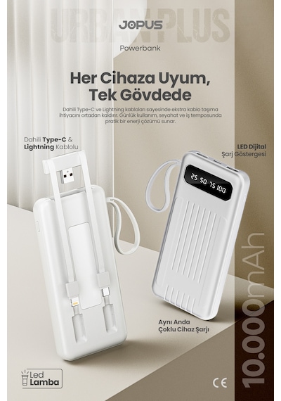 10000mah Powerbank Dahili Kablolu, Lcd Ekranlı, Led Lambalı, Taşınabilir Şarj Cihazı Beyaz
