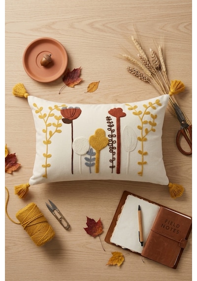 Renkli Botanik Kaktüs Motifli Kabartmalı Punch Nakışlı Püsküllü Pamuk Kırlent Kılıfı 35x55 Cm Bej