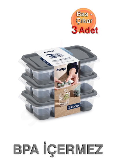 Mini Kapaklı Silikon Buz Kalıbı, Bas - Çıkar Üçlü Set Antrasit