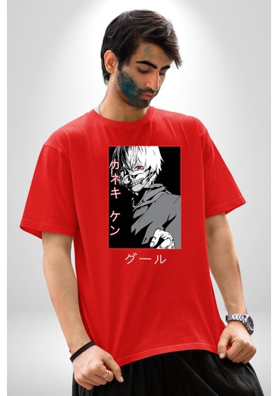 Kaneki Ken Kuma Japon Anime Şeytan Pamuklu Bisiklet Yaka Unisex Oversize Boyfriend Dijital Baskılı Kırmızı T-shirt Kırmızı