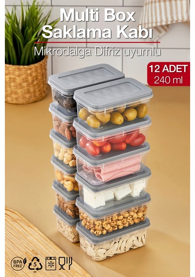 Multi Box 12 Li Set Saklama Kabı Seti - Dondurucu & Mikrodalga Uyumlu Gri