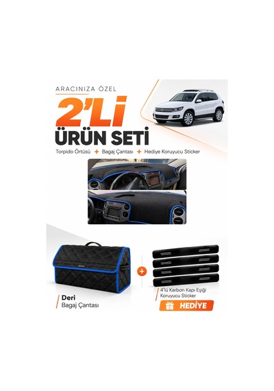 Volkswagen Tiguan 2007-2015 Uyumlu Torpido Örtüsü + Deri Bagaj Çantası + Sticker Seti - Siyah Mavi