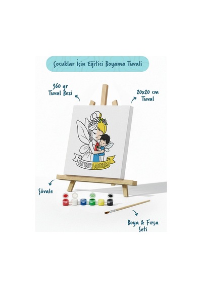 Çocuklar İçin Anneler Günü Boyama Tuvali Şövaleli Boya Seti 20x20 Cm