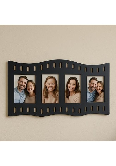 Duvar Fotoğraf Çerçevesi Film Rulo Desenli Fotoğraf Çerçeve Ahşap 4 Fotoğraf Kapasiteli Pano Siyah