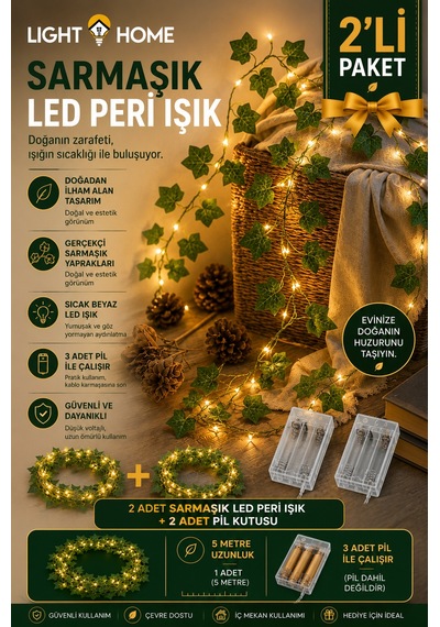 2 Adet Yapay Sarmaşık Led Işık Dekoratif Işıklı Sarmaşık Led Oda Duvar Yatak Odası Parti Yılbaşı Dekoru Her Biri 5 Metre 50 Led Sarı