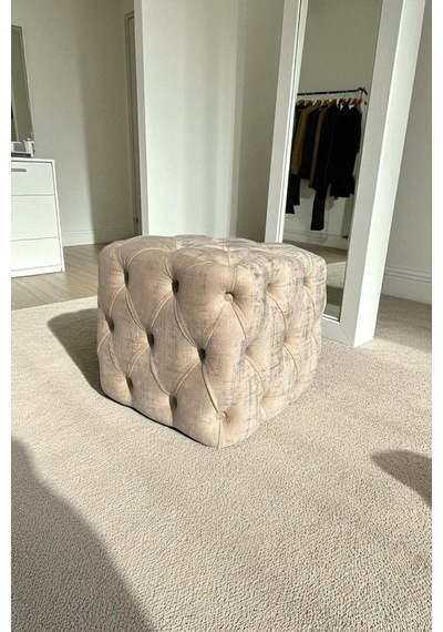 Küp Puf - Best İthal Kadife Babyface Kumaş Varak Baskı - Modern Ve Şık Dekoratif Puf&bench Bej