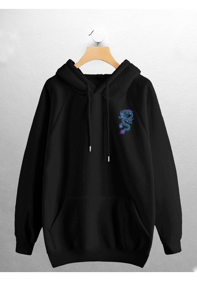 Macklin Unisex Kadın Erkek Mavi Ejderha Baskılı Sweatshirt Siyah Mck0775 Siyah