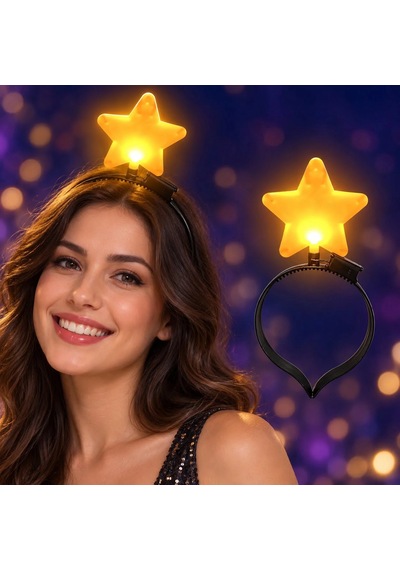 Büyük Mega Yıldız Işıklı Led Parti Tacı Sarı Renk