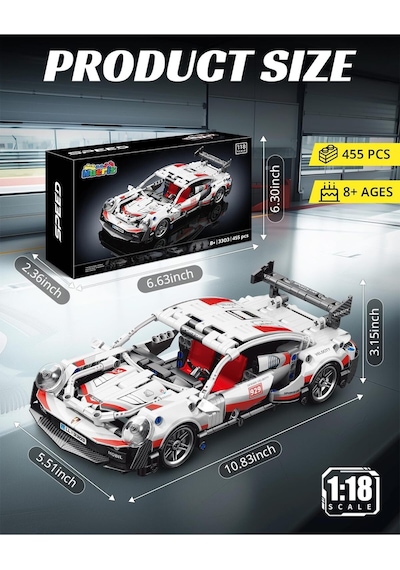1:18 Spor Araba Modeli Teknik Yapım Seti Kendin Yap Boz 455 Parça Beyaz