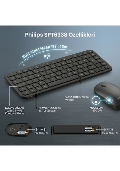 Philips SPT6338 Kablosuz Türkçe Q Klavye ve Mouse Seti