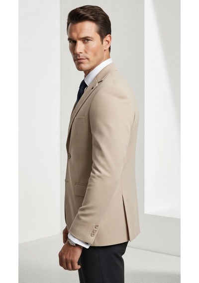 Plus Scorpion Erkek Slim Fit Çift Düğme Çift Yırtmaçlı Blazer Ceket Premium Dokulu Kumaş Bej