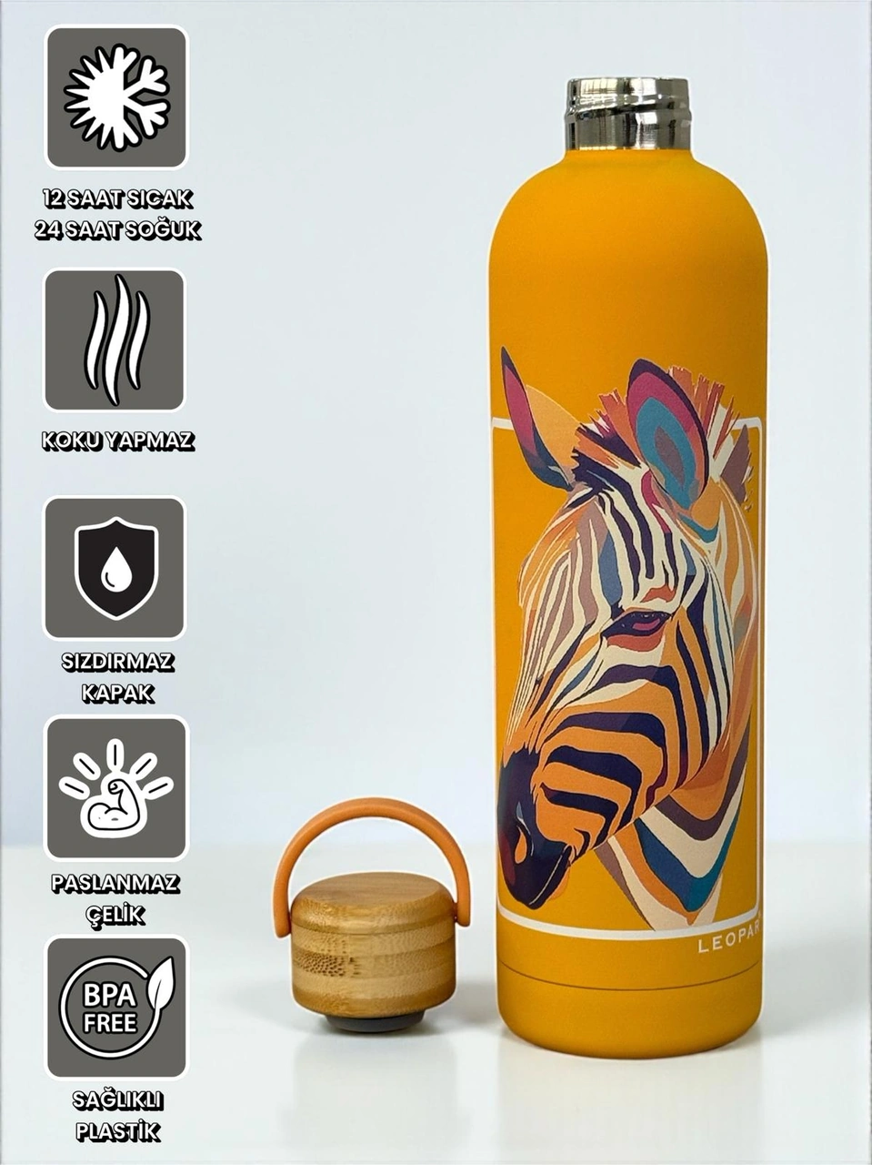 Bambu Kapaklı Turuncu Renk Zebra Figürlü 1000 Ml Paslanmaz Çelik Termos Turuncu