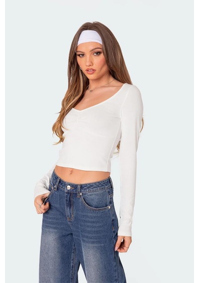 Seeh Beyaz Önü Büzgülü Uzun Kollu Kadın Body Sh200