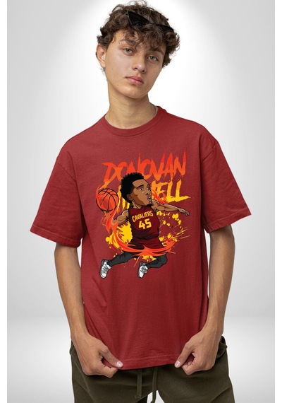 Donovan Mitchell Basketbol Karikatür Pamuklu Bisiklet Yaka Unisex Oversize Boyfriend Dijital Baskılı Kırmızı T-shirt Kırmızı
