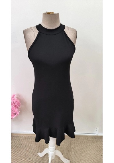 Defymoda Kadın Omuzlardan Açık Halka Yakalı Fırfırlı Janjan Kısa Elbise Siyah