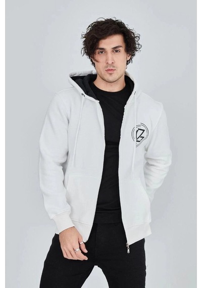 Freedom Storee Erkek 3 İplik Pamuklu Fermuarlı Kapüşonlu Kanguru Cepli Baskılı Hoodie Hırka Sweatshirt - Beyaz Çok Renkli