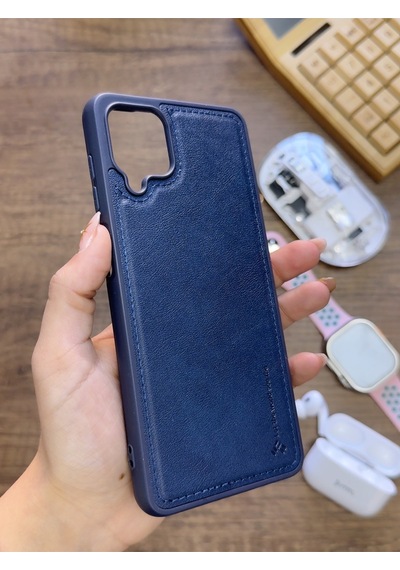 Samsung Galaxy A12 Uyumlu Premium Deri Dokulu Darbelere Karşı Dayanıklı Nazal Silikon Kılıf Lacivert
