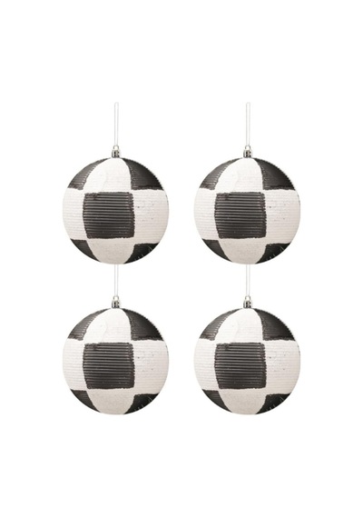 Yılbaşı Topu Dama Desenli Dekoratif Çam Ağacı Süsü Siyah Beyaz 8 Cm 4'lü Set