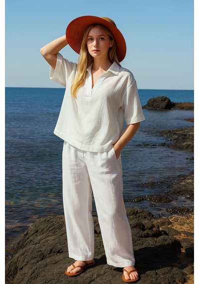 Gömlek Yaka %100 Pamuklu Bluz Ekru Ekru