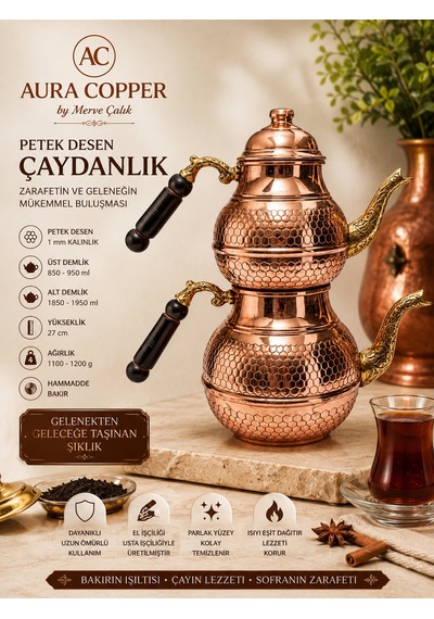 Aura Copper El İşlemeli Bakır Çaydanlık Seti 1 Mm Üst 850-950 Ml Alt 1850-1950 Ml 27 Cm Eskitme Bakır