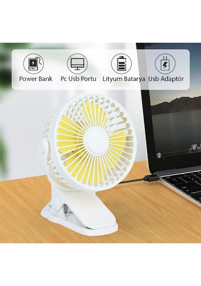 3 Kademe Şarjlı Mandallı 360 Taşınabilir Fan Vantilatör Jh-006 Beyaz