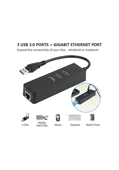 3 Port Usb 3.0 Hub Çoklayıcı Usb Gigabit Ethernet Rj45 1000Mbps