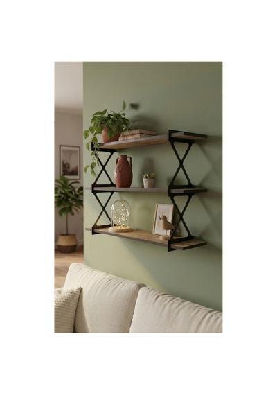 Metal Ayaklı Ceviz Duvar Rafı Modern Dekoratif 3 Katlı Duvar Rafı 90cm Siyah - 865122664 Siyah