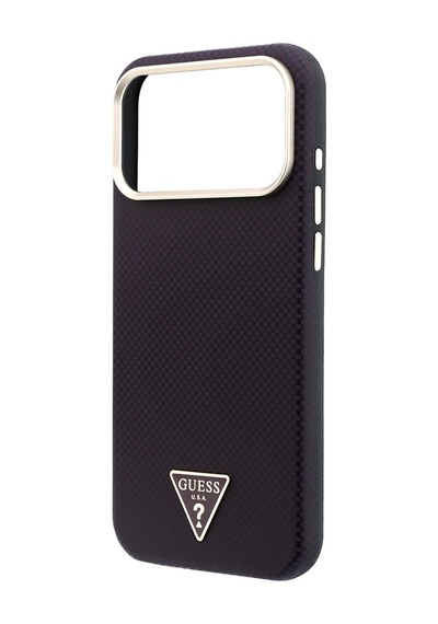 Apple iPhone Uyumlu 18 Pro Max Kılıf Guess Lisanslı M-safe Pu Metal Üçgen Logolu Karbon Fiber Kevlar Kapak Bordo