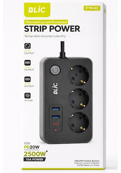 Blic Ftr-02 Akım Korumalı 3lü Grup Priz - 2500w, 20w Pd Usb-c Ve 2x Usb-a Hızlı Şarj, 2 Metre 0.2 M