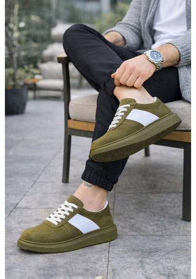Mevese Lunex Erkek Bağcıklı Süet Günlük Spor Sneaker Ayakkabı - Haki - Beyaz