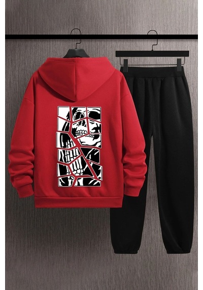 Uyguntarz Unisex Skullcracked Baskılı Eşofman Takımı Kırmızı