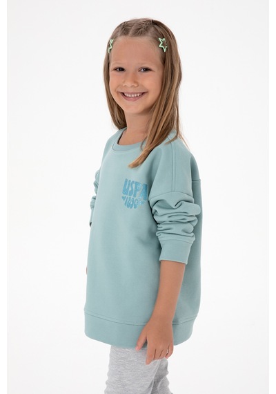 U.S. Polo Assn. Kız Çocuk Mint Simli Baskı Detaylı Bisiklet Yaka Basic Sweatshirt 50314289-VR090