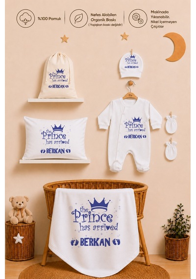 Pia Baby İsme Özel Hastane Çıkışı %100 Pamuk Erkek Bebek Organik Baskılı Tulum Set Keseli Hediyelik 2033tybkyx Krem