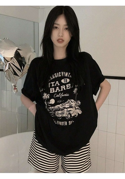 Santa Barbara T-shirt - Siyah Baskılı Oversize Bisiklet Yaka Kısa Kol SIYAH