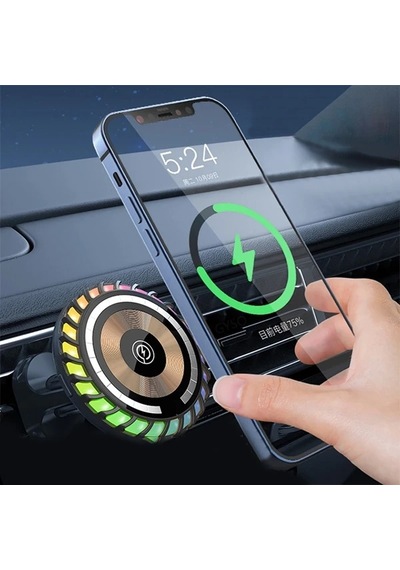 Ally W06 Magsafe Rgb 15w Kablosuz Hızlı Şarj Cihazı Ve Araç İçi Telefon Tutucu- 5775 Siyah