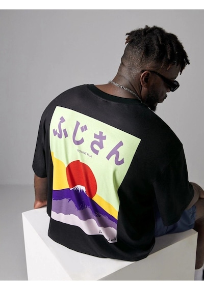 Erkek Siyah Oversize Dağ Baskılı T-shirt Siyah-68486