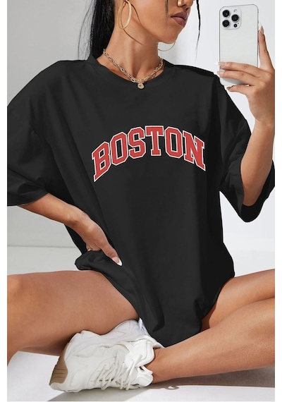 Flood Of Style Unisex Boston Baskılı T-shirt Siyah