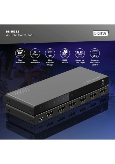 Digitus 5x1 Hdmı Switch, 4k/60hz Hdcp 2.2 Kumandalı Geçiş Kontrolü