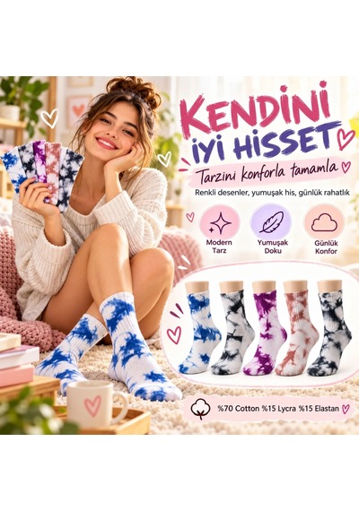 Teorastore Unisex Batik Spor Çorap 10'lu Set Tie Dye Tenis Çorabı Koyu Retro Renkler Günlük Rahat Konforlu Stil Çok Renkli