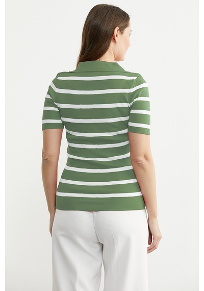 Polo Yaka Çizgili Triko Tişört - Mint
