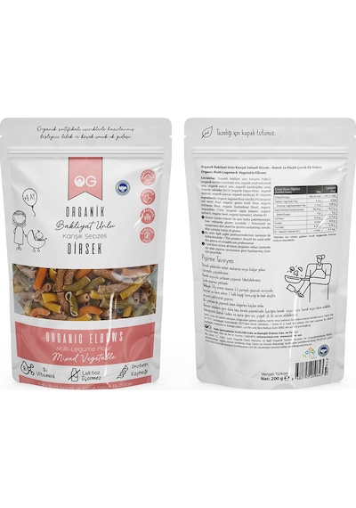 Organik Karışık Sebzeli Bakliyat Unlu Dirsek Makarna 200 Gr +8 Ay