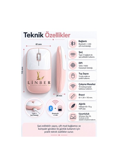 Şarjlı Kablosuz Pembe Mouse Bluetooth + 2.4g Çift Modlu Type-c Şarjlı Sessiz Tuşlu Ergonomik Optik 1200/1600 Dpı Taşınabilir Mouse Çok Renkli Diğer