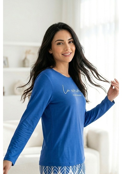 Aura Collections Kadın Desenli Bambu Viskon Uzun Kollu Soft Örme Mevsimlik Pijama Takımı Mavi