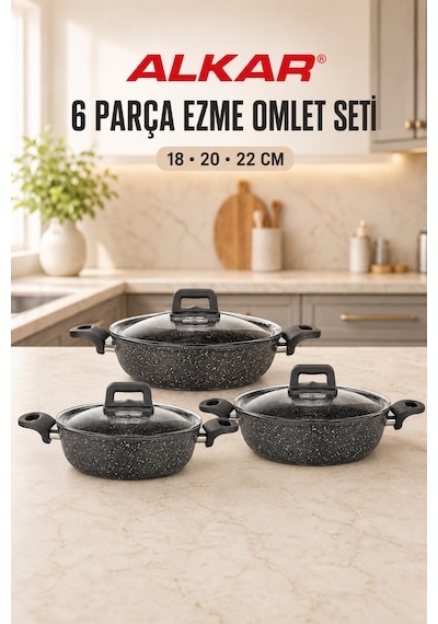 6 Parça Granit Ezme Cam Kapaklı Sahan Omlet Seti 18-20-22 Cm Siyah Siyah