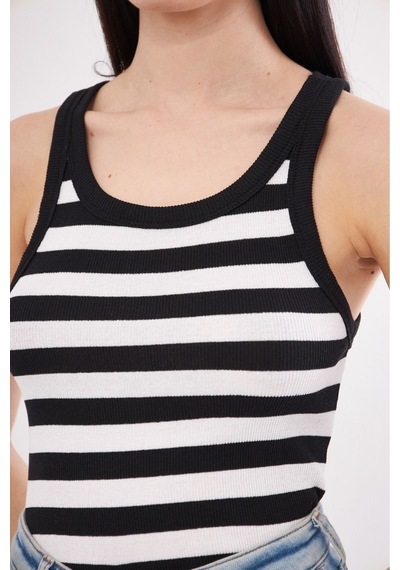Mea Capio Kadın Siyah Beyaz Çizgili Fitilli Likralı T-shirt Halter Yaka Örme Atlet Siyah - Siyah