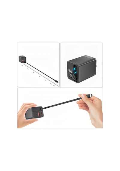 65w Gan Hızlı Şarj Adaptörü Dahili Type-c Kablo 1xusb Pd 1xtype-c Şarj Aleti