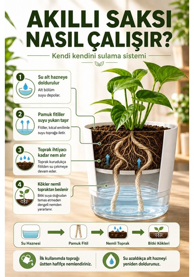 Akıllı Saksı Kendinden Sulamalı Fitilli Modern Dekoratif Saksı 2 Litre