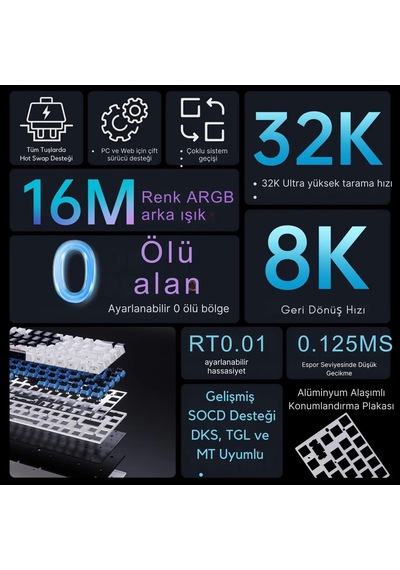 Alux 68 He Kablolu-8000hz Manyetik Switch Oyun Klavyesi Alümniyum Gövde Yapısı Siyah Beyaz - Desenli
