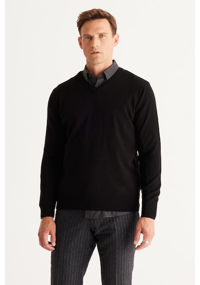 AC&Co / Altınyıldız Classics Erkek Siyah Standart Fit Normal Kesim V Yaka Triko Kazak 4A4923100002SYHXXL Siyah