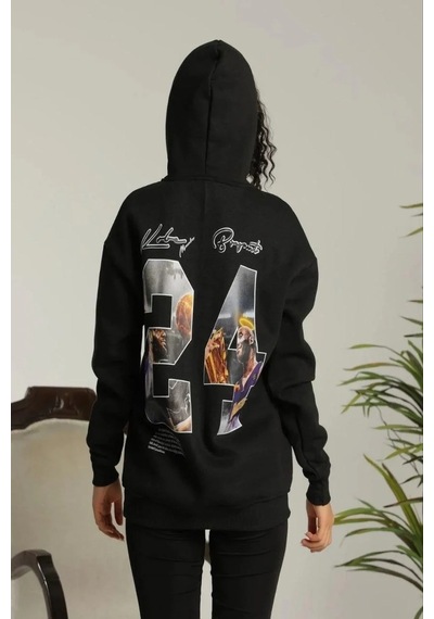 Kadın Oversize Kapüşonlu Cepli Baskılı 3 İplik Pamuklu Hoodie Sweatshirt - Siyah